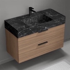 Floating Bathroom Vanity, Modern, Walnut, 40 inch, Black Marble Style Sink